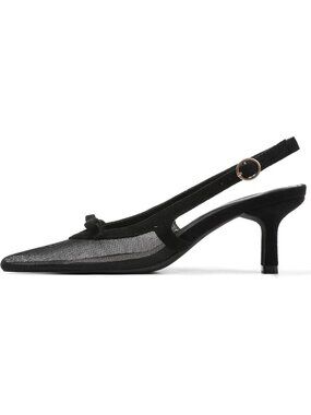 Women Black Mesh Bow Ankle Strap Pointed Toe Slingback Buckle Kitten Pumps Heels